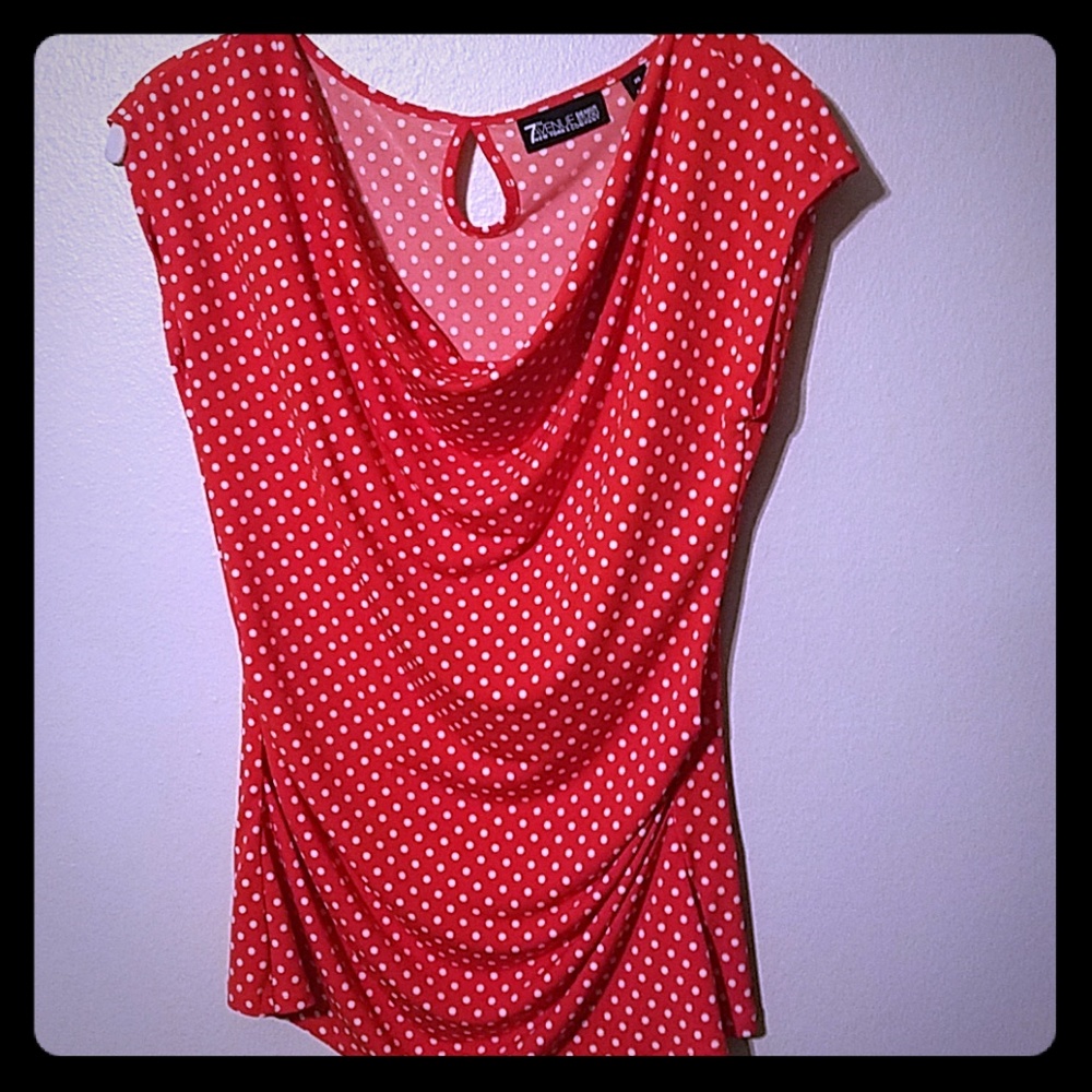 Red with white polka dot drapey top